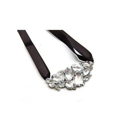 Black Grosgrain Satin Ribbon Bead Gem Acrylic Cluster Jewel Bib Costume