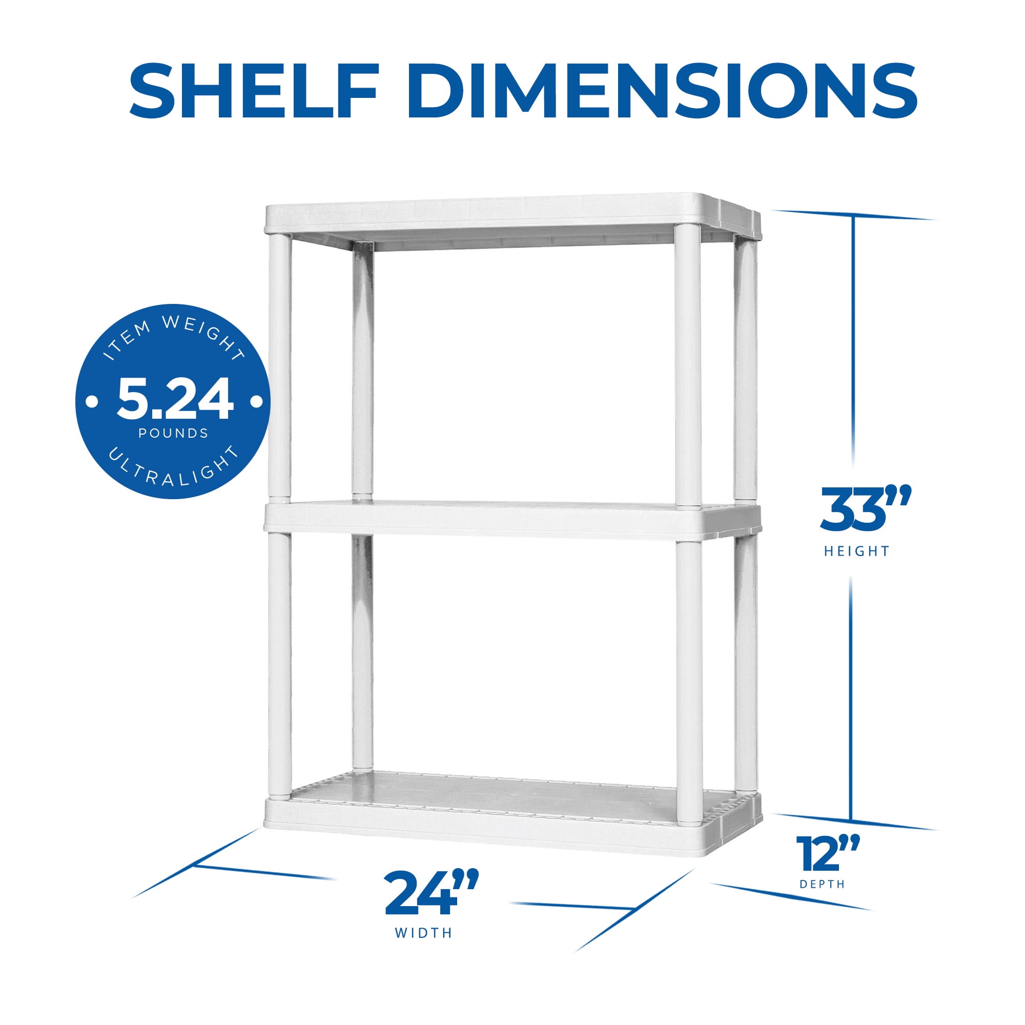 Gracious Living Solid 3-Shelf Storage, Fixed-Height Light-Duty Shelving, White