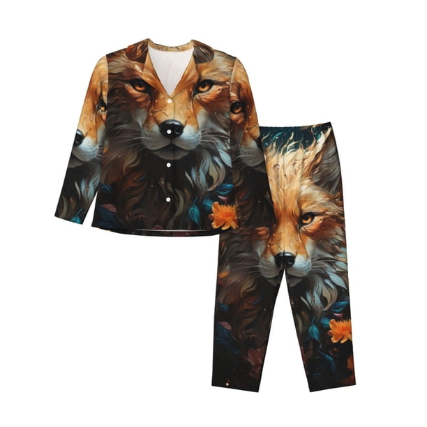 Balery Floral Fox Conjunto de Pijama con Estampado para Mujer, Conjunto de Dos Piezas con Manga Larga, Ropa de Dormir Suave con Bolsillos, Pijamas Cómodos-Small