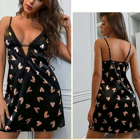 Xysaqa Women s Lace Satin Lingerie Silky Nightgown Chemise Deep V Neck Nightdress Babydolls for Women Short Sleep Dress