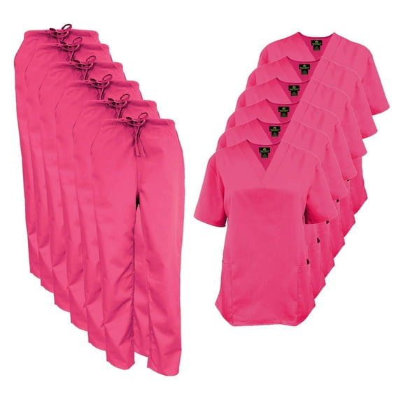 M&M SCRUBS Women Scrub Set V-Neck Medical Scrub Tops and Drawstring Pants - Pack of 6 Set (Hot Pink, XX-Small)