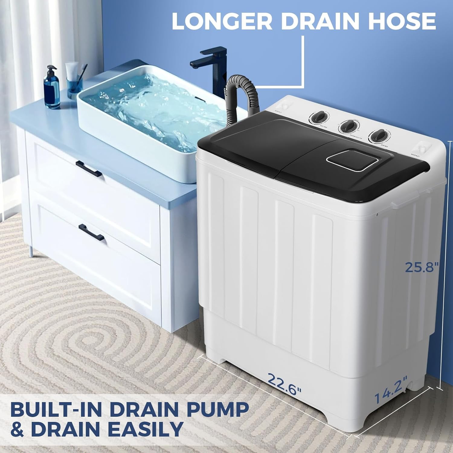 Adnoom Portable Washer 30lbs, 2-in-1 Twin Tub Washer & Dryer Combo Compact Semi-Automatic Washing Machine with Drain Pump, Black