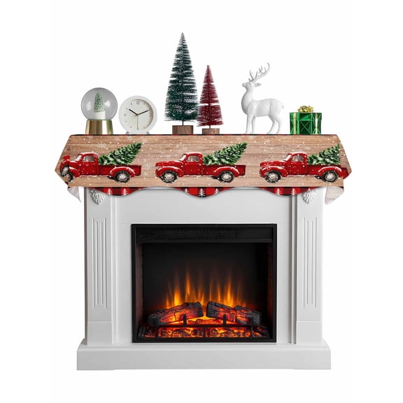 Red Truck Christmas Mantel Scarf Fireplace Decorations for Living Room, Red Black Plaid Xmas Tree Vintage Fireplace Mantel Scarf Cover Runner for Halloween/Thanksgiving/Christmas Decor 70"x17"