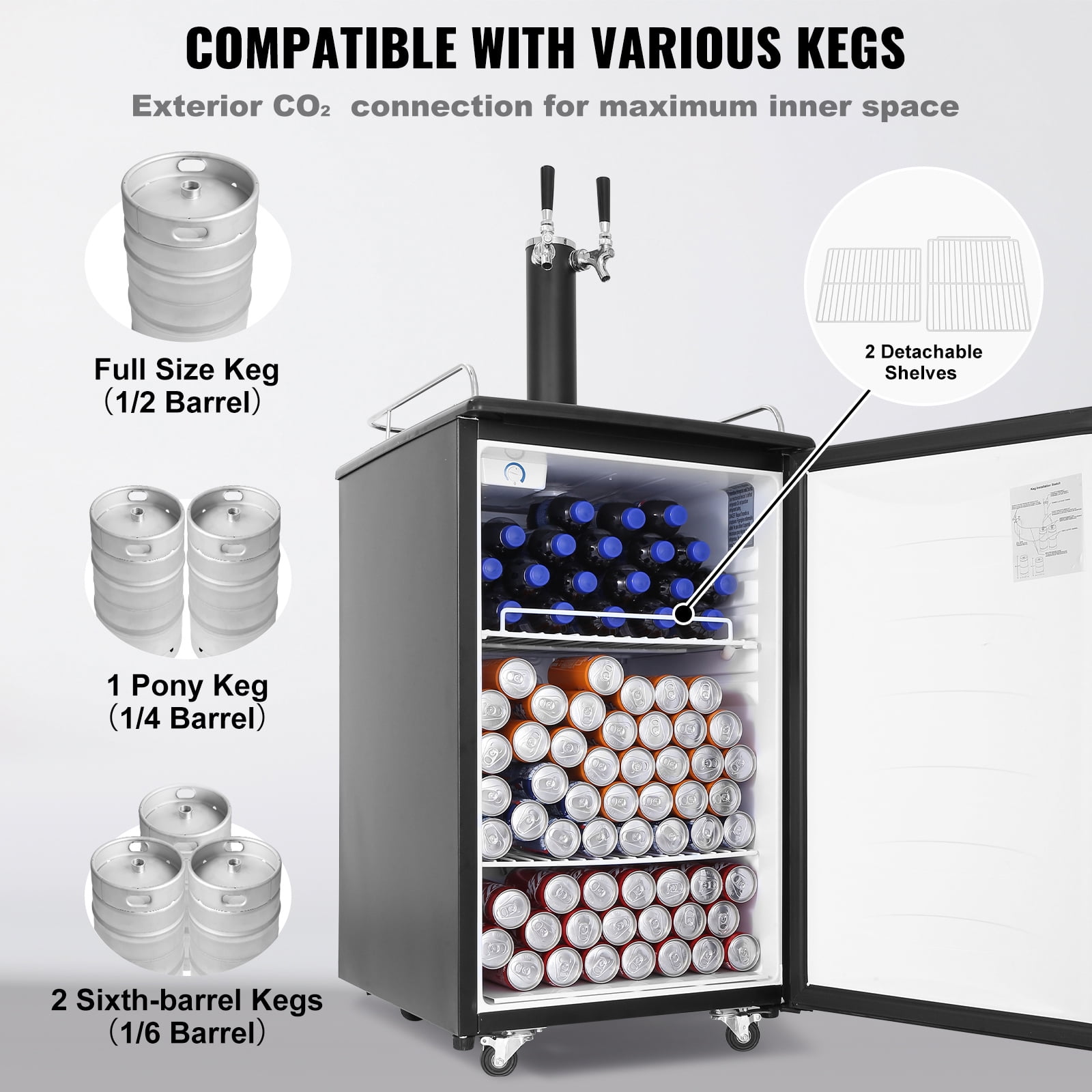 KFFKFF Ale Keg Cooler, Two-Tap Brew Serving System, Comprehensive Keg Fridge with CO2 Canister, Storage Racks, Spill Collector & Guard, 32°F- 50°F Temp Regulation, Accommodates 1/6, 1/4, 1/2 Kegs