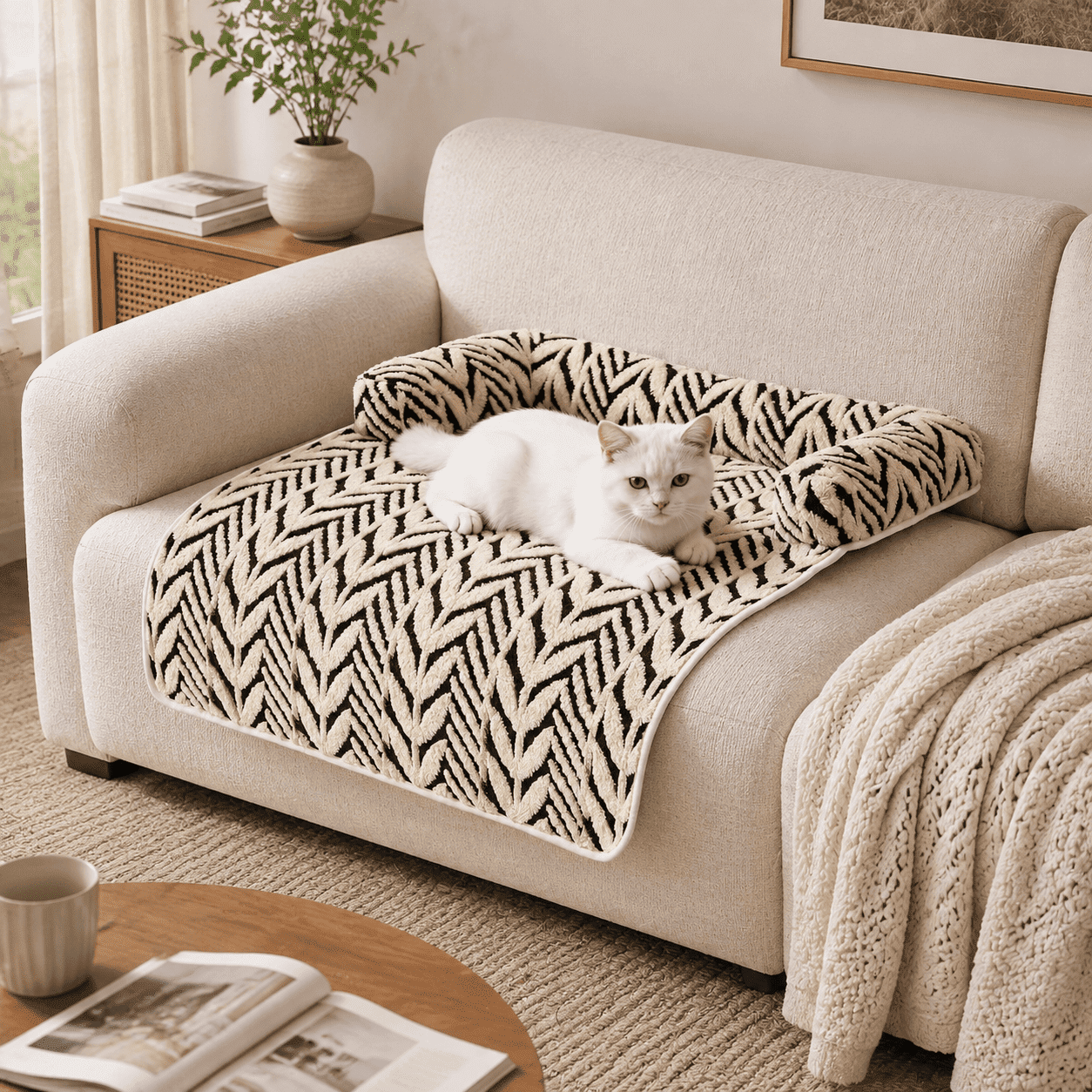 Cat Beds for Indoor Cats Couch Dog Bed Large Cat Bed Cat Bed Mat Cozy Dog Bed Soft Fluffy Pet Bed with Raised Bolster Non-Slip Washable Pet Sofa Mat for Small Medium Dogs & Cats Furniture Protector
