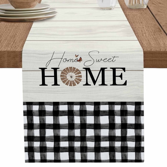 nqOlkjepod Home Windmill Black Plaid Table Runner 72 Inches Long Farmhouse Dress Scarves, Beige Wooden Farmhouse Dining Tablerunner for Coffee Table/Kitchen Island/Party Décor, 14" x 72"