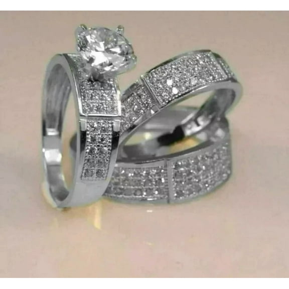 3Ct Round Cut Simulated Diamond Women's Cluster Trio Set Engagement Ring 14k White Gold Plated 925 Silver