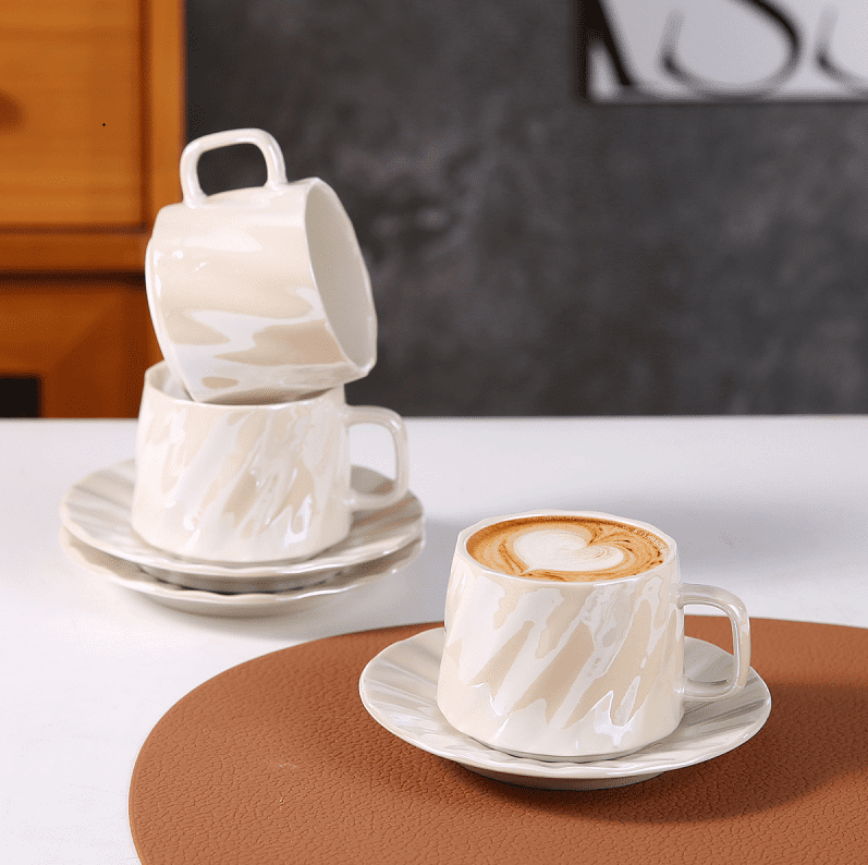 3.4OZ Coffee Cups and Saucers 6-Piece Set, 100ml Espresso Cup Ceramic Tableware Set, Suitable for Coffee and Tea Serving in Restaurants and Home Use, Beige