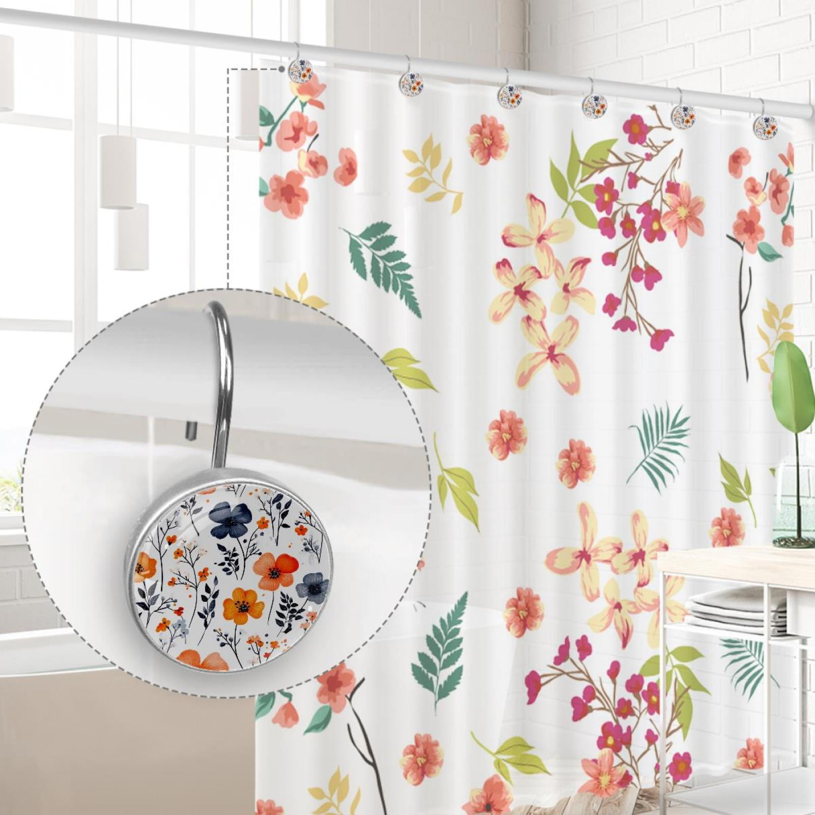 Hibiscus Flower Patterns Shower Curtain Hooks Round Crystal Glass, Set of 12 Shower Curtain Rings - Shower Hooks for Curtain Shower Rings
