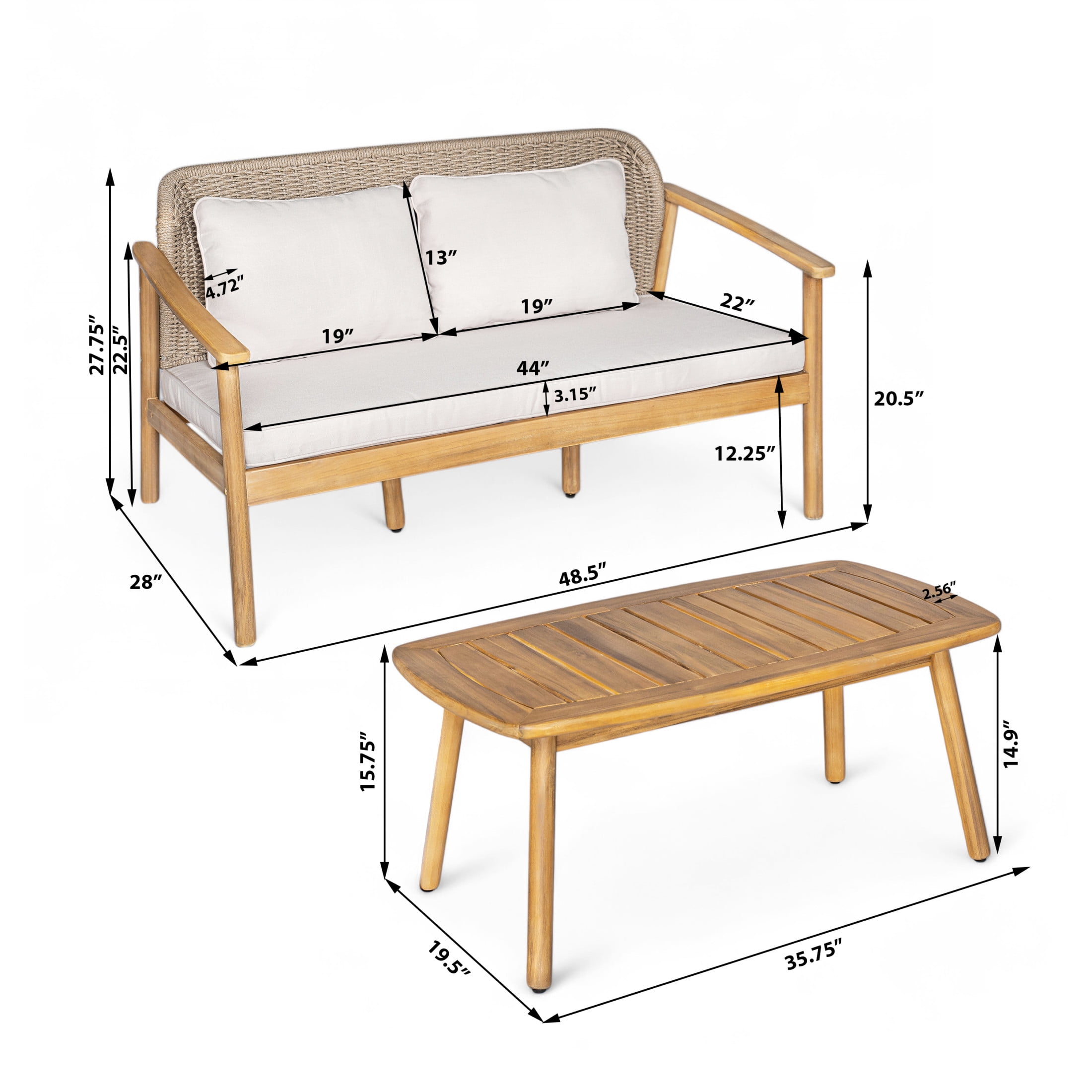 Louisa Farmhouse Outdoor Patio Woven Rope 2 Piece Conversation Set, Loveseat with Coffee Table, Solid Wood Frame, Beige Cushions