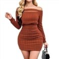 thumbnail image 3 of Vestido Corto Informal Ajustado con Hombros Descubiertos y Larga para Mujer, Otoño 2025, Fruncido, Ajustado, para Fiesta y Club. Marrón XL, 3 of 8