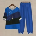 thumbnail image 7 of QUYUON 2 Piece Summer Outfits for Women Color Block Contrast Button Short Sleeve T-Shirt and Pants Two Piece Set Crew Neck Loose Blouse Tops Elastic Waist Long Pants Lounge Sets B-Blue XL, 7 of 7