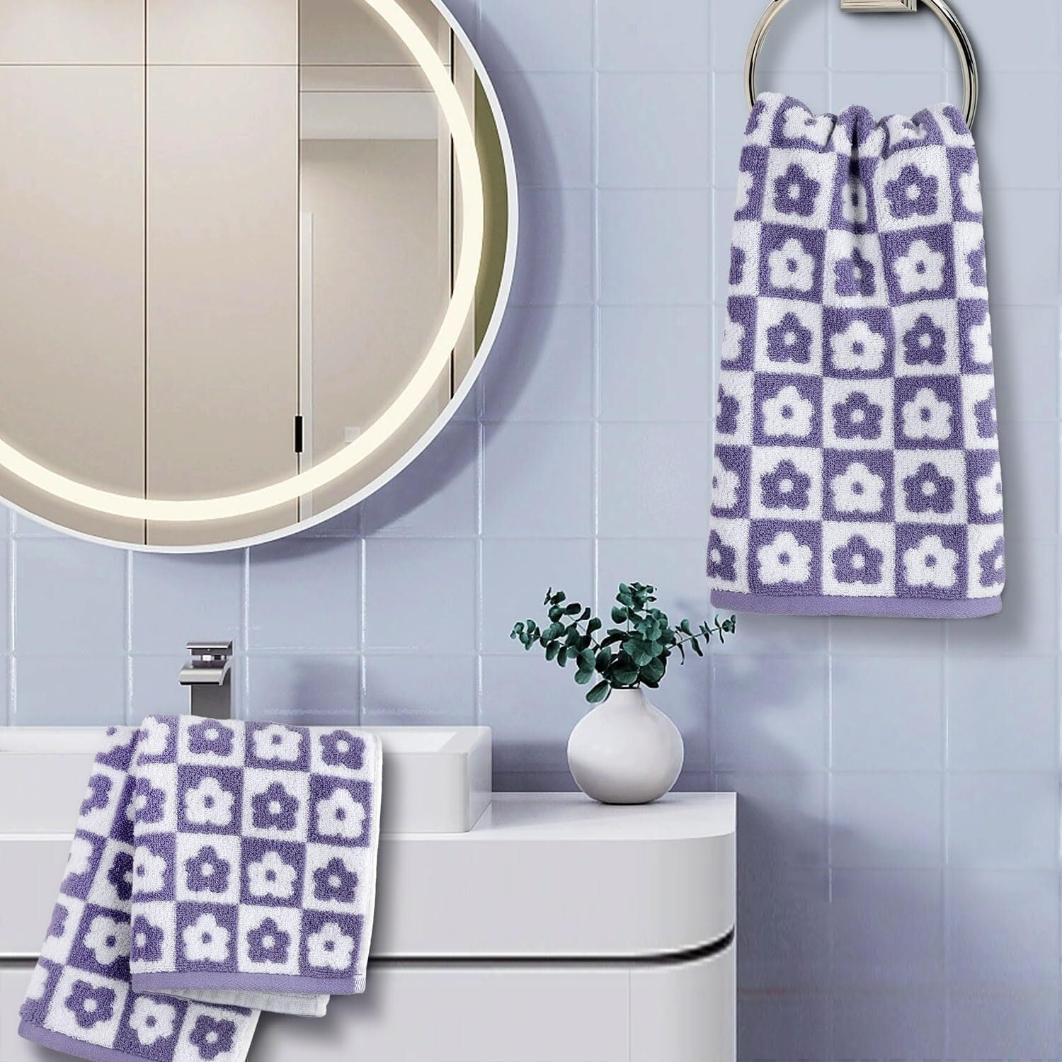 Cotton Hand Towels Pink Checkered Floral - Quick Drying Hand Towel Set of 4, for Women Girls Wife Mom Daughters, 29" x 13"