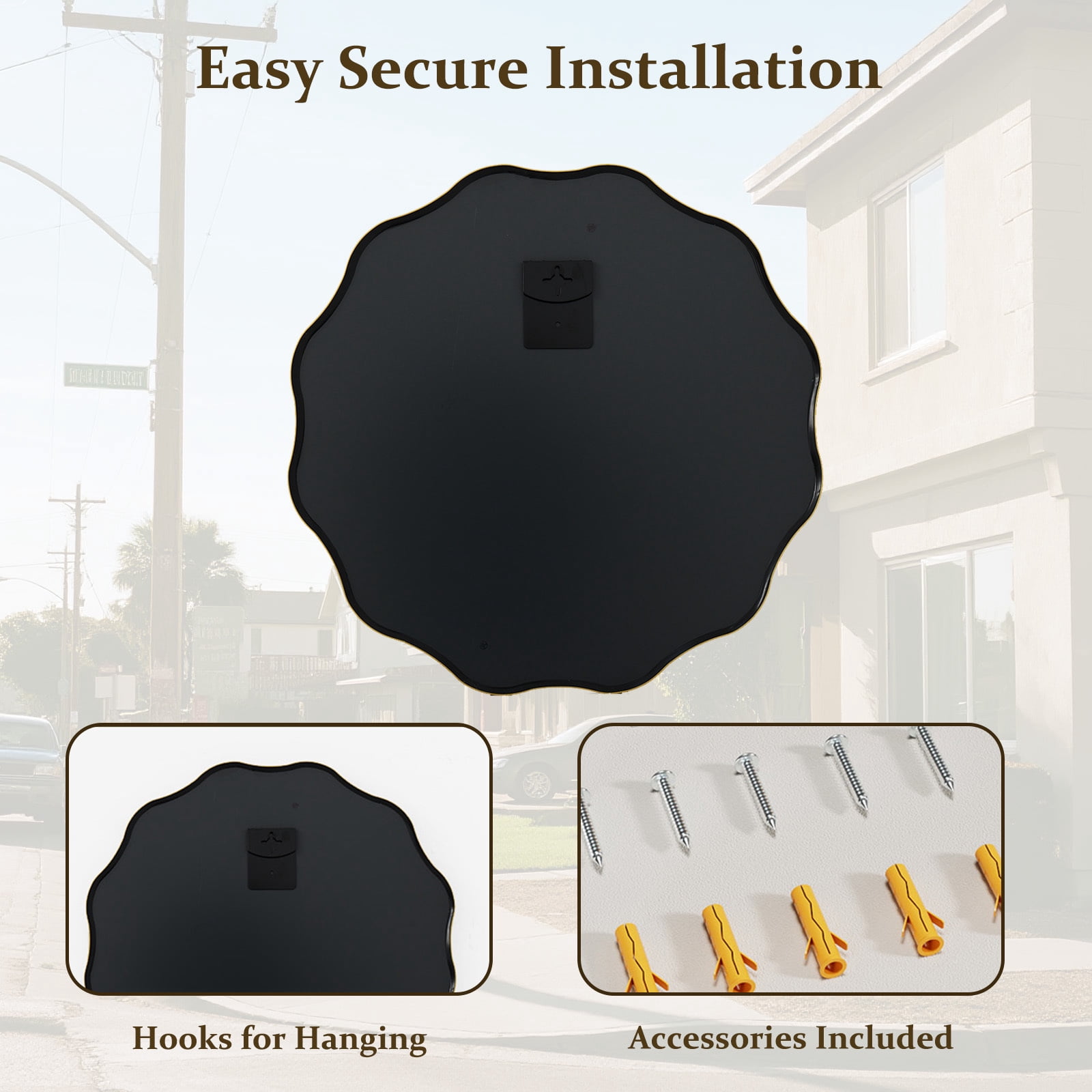Easy4Home 24.2" Wavy Round Bathroom Mirror Wall Mounted Decorative Mirror With Deep Frame, Gold
