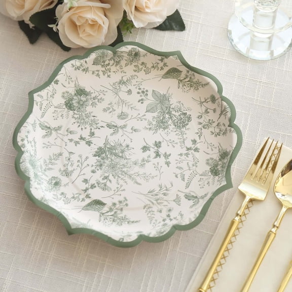 Efavormart 25 Pack White Sage Green Floral Leaf Print Dinner Paper Plates with Scalloped Rims, 10" Round Disposable Party Plates - 300GSM