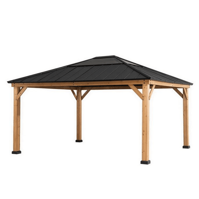 Sunjoy 13 ft. x 15 ft. Patio Cedar Framed Gazebo with Brown Steel and Polycarbonate Hip Roof Hardtop