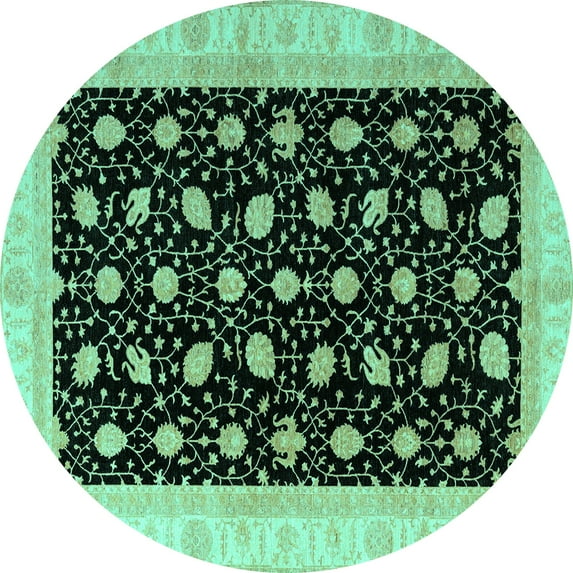 Ahgly Company Machine Washable Indoor Round Oriental Turquoise Blue Modern Area Rugs, 6' Round