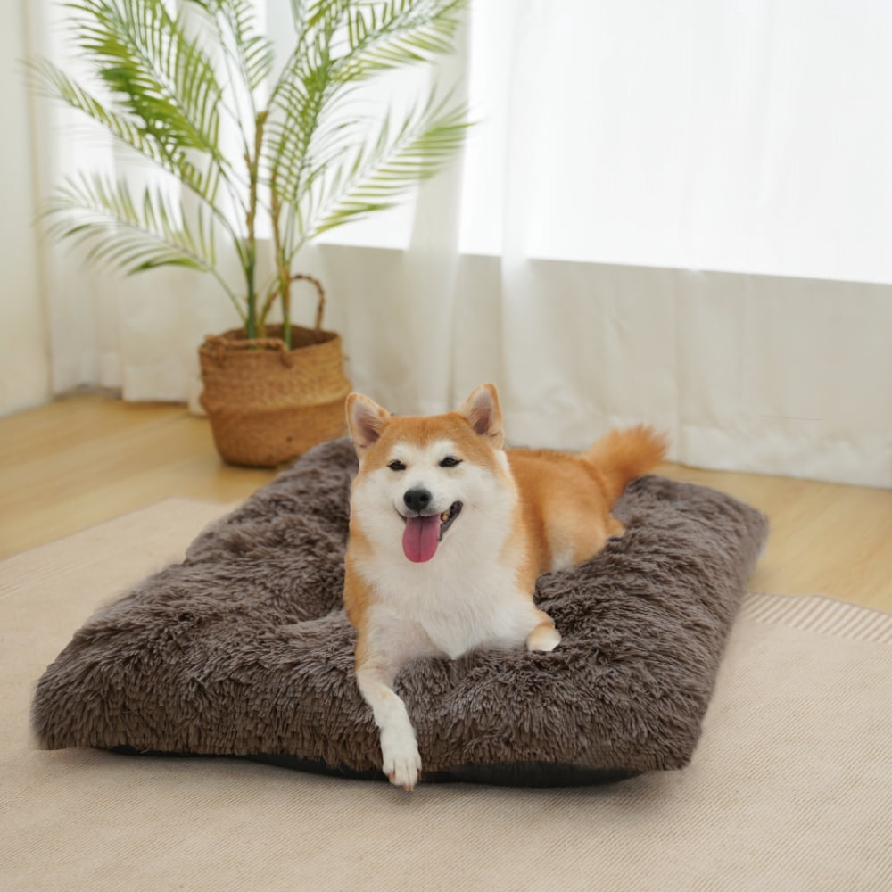 Reyox Large Dog Bed, 35 x 23 inch Fluffy Plush Dog Cage Bed, Washable Dog Mat with Non-Slip Bottom for Large and Medium Dogs,Khaki
