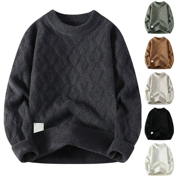 Pisexur Fall Sweaters Loose Casual Knit Sweaters For Men Solid Color Crewneck Long Sleeve Oversized Pullover Sweaters Warm Thickened Fall Winter Clothing for Men M-4XL Beige
