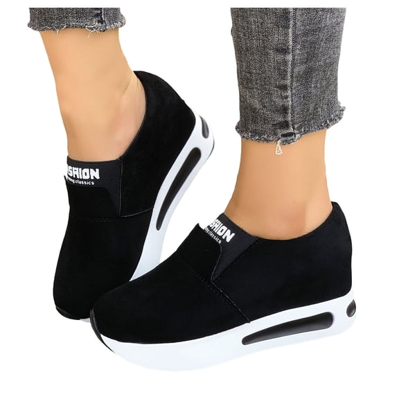 Rokment Platform Walking Shoes for Women 2026 Spring Fall Fashion Casual Suede Chunky Footbed Mid Heels Slip on Nursing Non-Slip Work Loafers Orthopedic Driving Sneakers Black Size 6