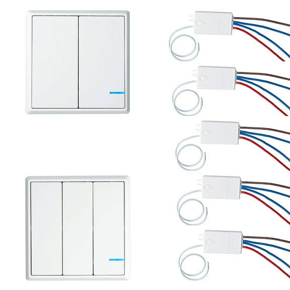 GREENCYCLE 1 Set Wireless Light Switch 110V Receiver Transmitter Kit Outdoor 1600ft Indoors 130ft Remote Ceiling Lamp LED Bulb IP54 Waterproof (1PK 2-gang Switch,1PK 3-gang Switch,5 Receivers)