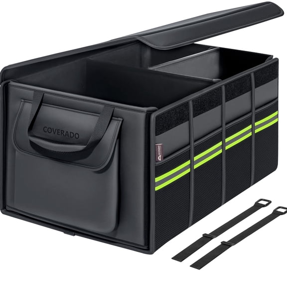 Coverado Car Trunk Organizer, Collapsible Multi Compartment Car Storage Box, Foldable and Waterproof NAPPA Leather Organizer with Reflective Strip, Soft Cover 70L, Black