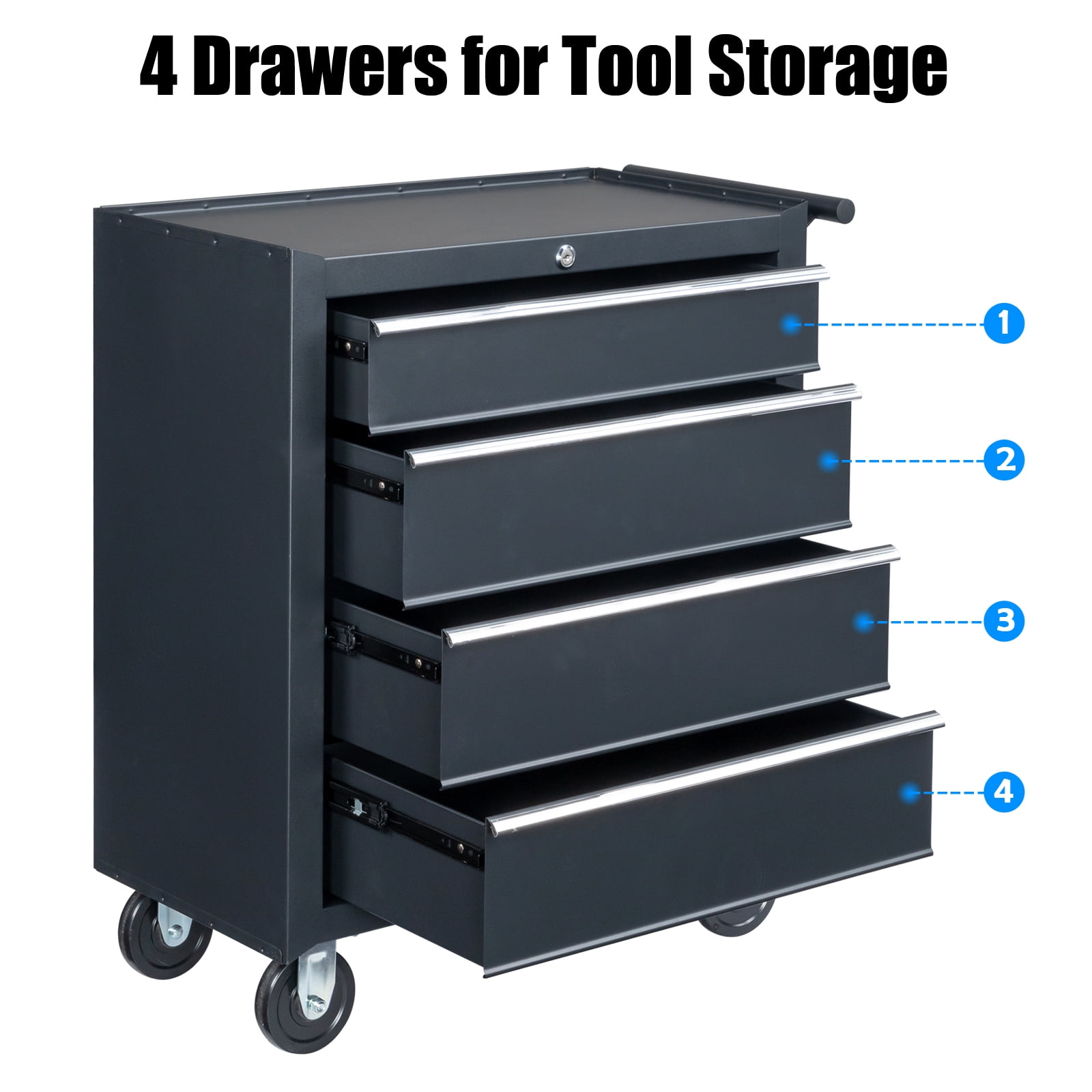 Seizeen 4-Drawer Rolling Tool Box, Garage Tool Chest Large Capacity, Lockable Tool Cart Organizer on Wheels with Sliding Drawers, Black