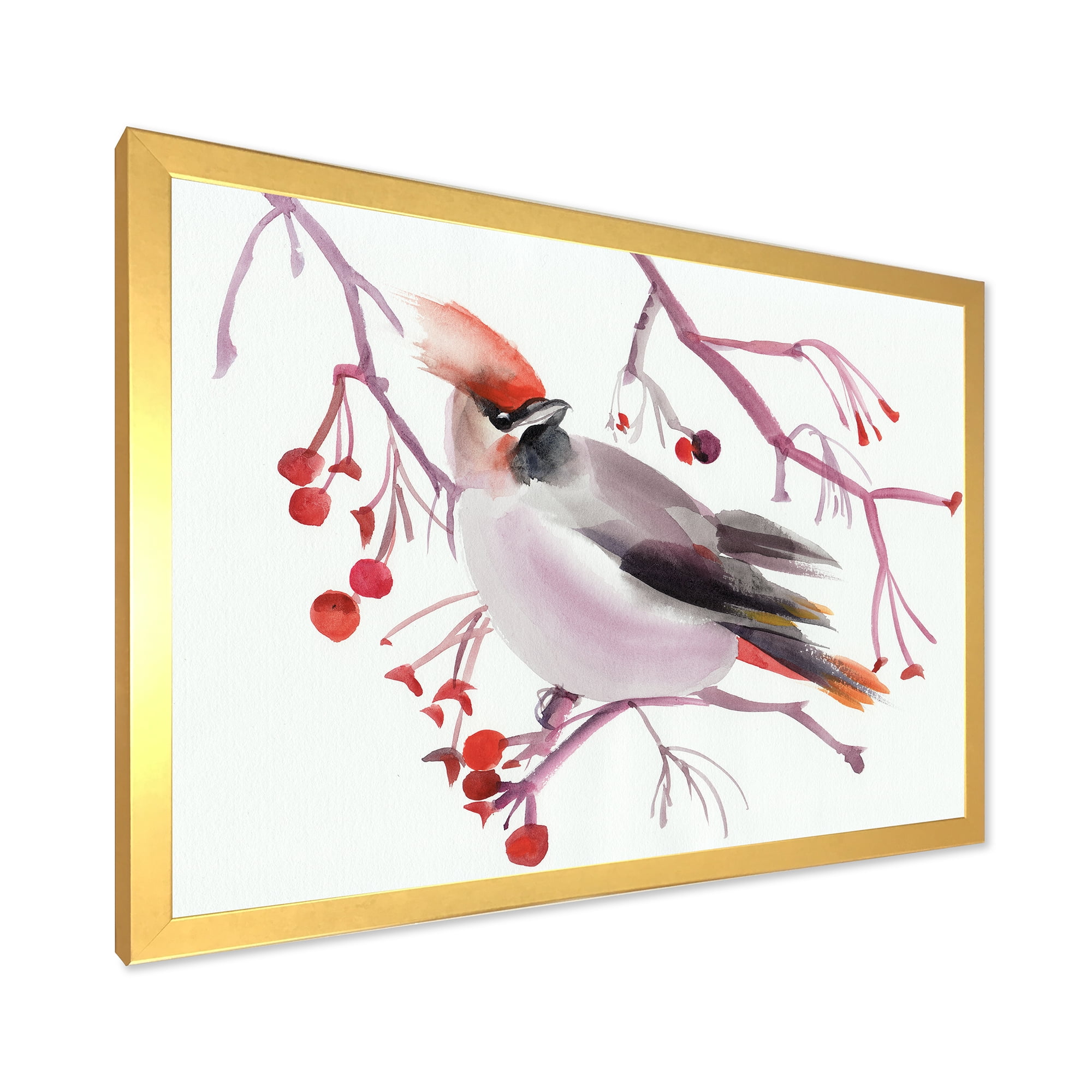 Designart 'Waxwing Bird Sitting On A Branch' Traditional Framed Art Print