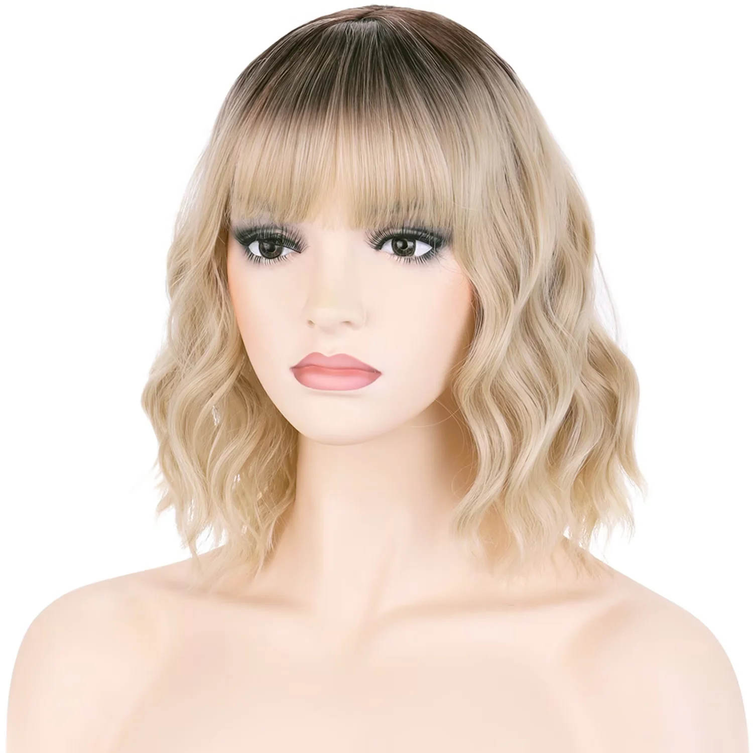 RightOn 12 Inches Blonde Ombre Wig With Flat Bangs Short Curly Wig for Women Girls Daily Use