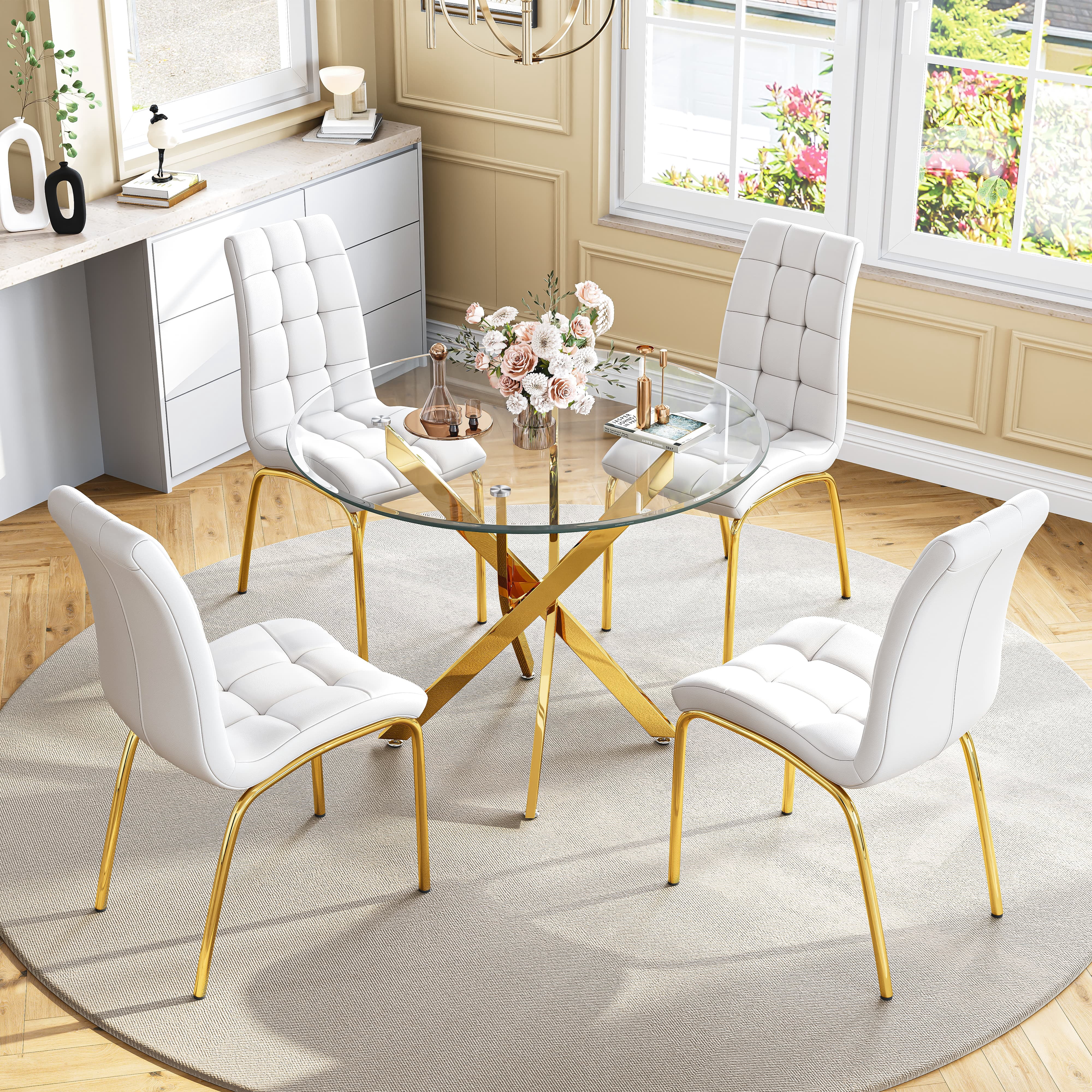 5-Piece 36" Round Glass Dining Set, Clear Tempered Glass Table & 4 PU Leather Chairs with Stainless Steel Legs for Kitchen, Meeting Room