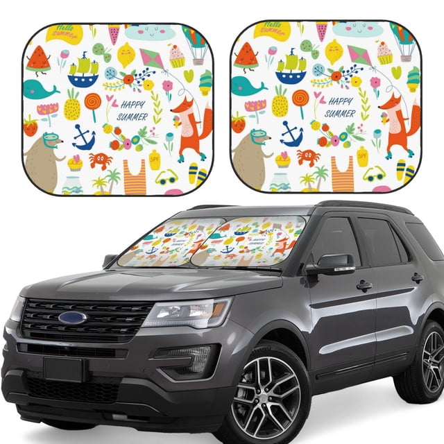 Saiise Summer Animal for Foldable Car Sun Shades (2-Pack) Offer Sun Protection with an Easy-fold Design for Convenient Windshield Shading-Small