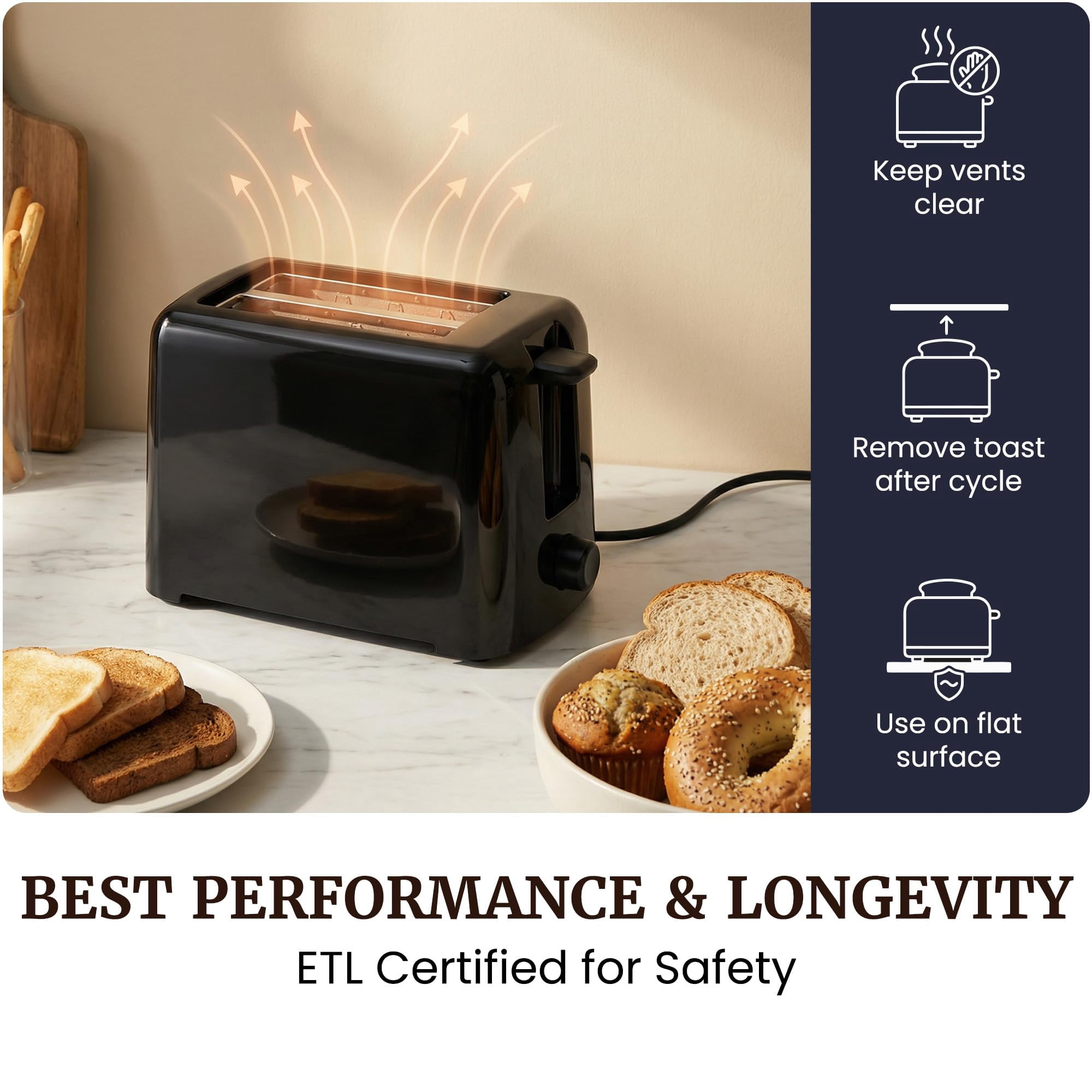 2-Slice Cool Touch Toaster – 6 Browning Levels, Extra Wide 1.25” Slots for Bagels & Thick Bread, Cancel Function