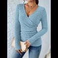 thumbnail image 4 of Camisa de Larga para Mujer, Cuello en V, Punto Acanalado, Suéter Ajustado con Botones, Blusa Informal de Trabajo para Otoño Azul L, 4 of 9