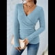 thumbnail image 4 of Camisa de Larga para Mujer, Cuello en V, Punto Acanalado, Suéter Ajustado con Botones, Blusa Informal de Trabajo para Otoño Azul L, 4 of 9
