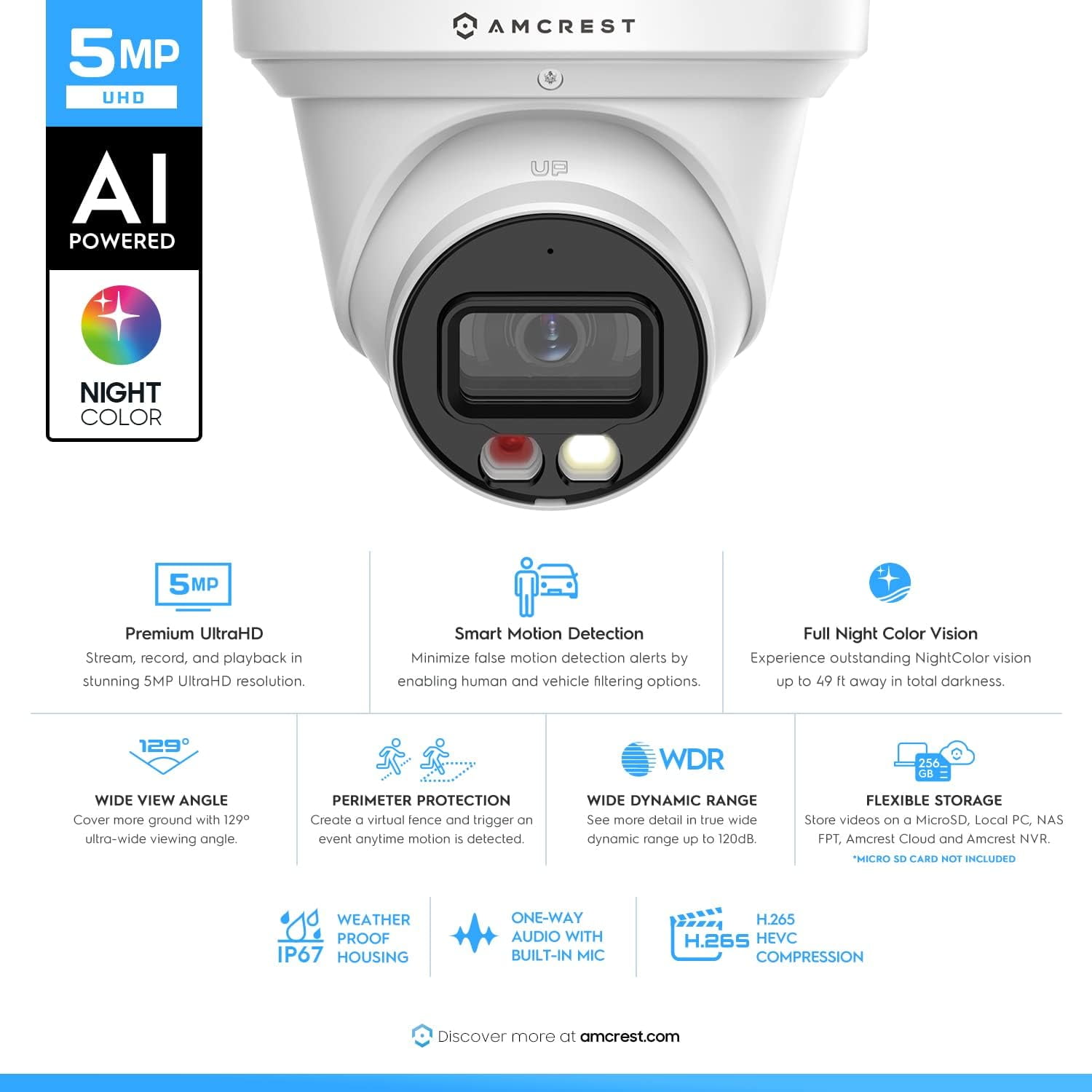 Amcrest AI Turret IP PoE Camera w/ 164ft Nightvision, Security IP Camera Outdoor, Built-in Microphone, Human & Vehicle Detection, 129° FOV, 5MP@20fps IP5M-T1277EW-AI