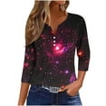 thumbnail image 2 of Feancey 3/4 Length Sleeve Henley Womens Tops Sparkly Sequin Printed T Shirts Loose Fit Casual Button V Neck Blouse Dressy Trendy Going Out Tunics Purple XL, 2 of 5