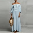 thumbnail image 2 of WRKEKC Summer Dresses for Women Solid Off Shoulder Puff Sleeve Embroidered Maxi Lightweight Summer Chic Soft, 2 of 6