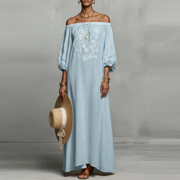 TaTaai Women's Off-Shoulder Embroidered Maxi Dress with Puff Sleeves, Loose Flowy Fit, and Boho Summer Style Gift