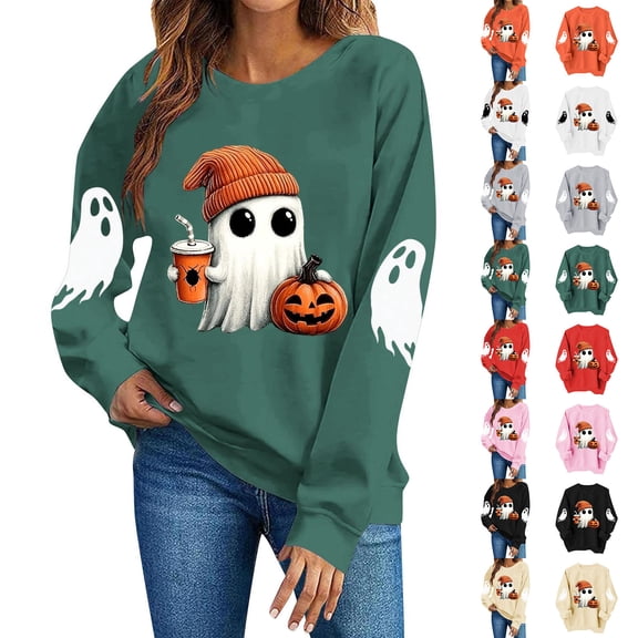 TKLPEHG Women's Sweatshirts Halloween Long Sleeve Cute Ghost Pumpkin Graphic Sweatshirt Crew Neck Fall Fashion Casual Pullover (Green,XS)