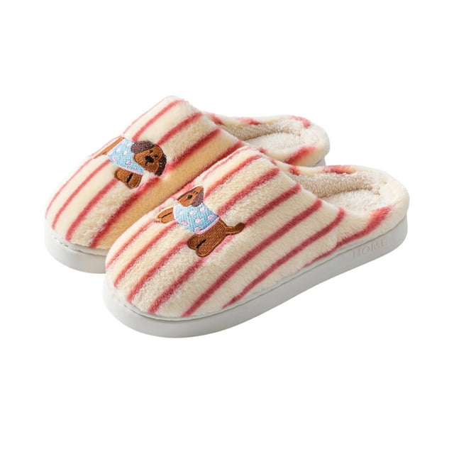 Chaussons Chauds Duveteux pour Femmes avec Chien Mignon, Semelle Antidérapante à Rayures Rouges pour Intérieur Maison Hiver Taille 6