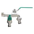 thumbnail image 1 of Robinet Double Jardin, Robinet Extérieur en Alliage de Zinc, Robinet avec Double Sortie 3/4" et Entrée 1/2", Résistant à la Rouille et au Gel, Idéal pour les Jardins, les Réservoirs de Pluie, les Machines à Laver - Vert, 1 of 3