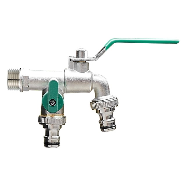 Robinet Double Jardin, Robinet Extérieur en Alliage de Zinc, Robinet avec Double Sortie 3/4" et Entrée 1/2", Résistant à la Rouille et au Gel, Idéal pour les Jardins, les Réservoirs de Pluie, les Machines à Laver - Vert