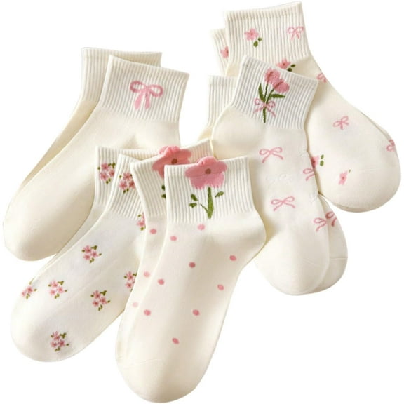Women's 5 Pairs Ankle Socks Coquette Bow Floral Patterned Breathable Kawaii Socks