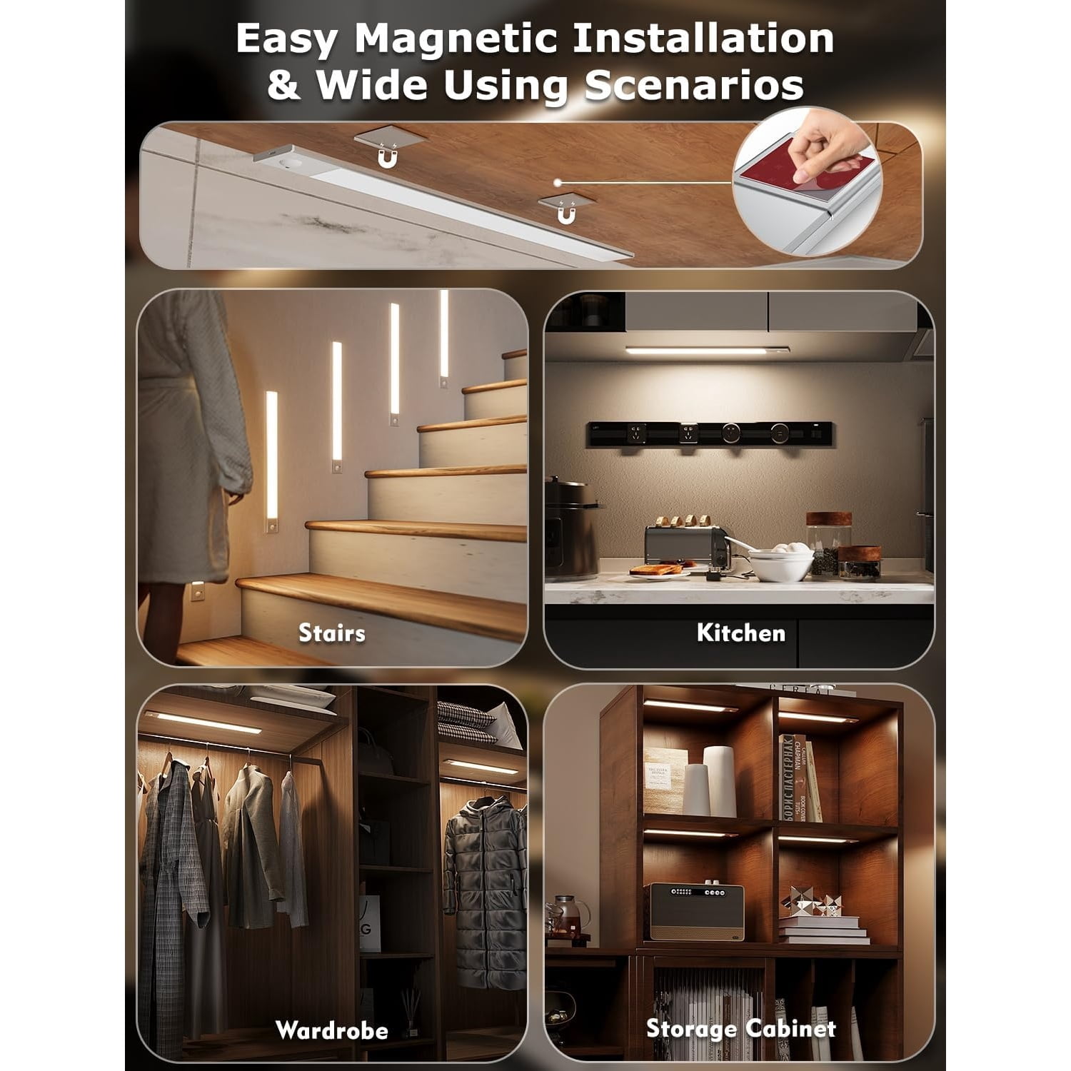 16" Ultra-Thin Under Cabinet Lighting Wireless, Aluminum Alloy Under Counter Lights for Kitchen, 3-Color-Temps Magnetic Closet Lights, Rechargeable Motion Sensor Light Indoor (4 Pack, Silver)