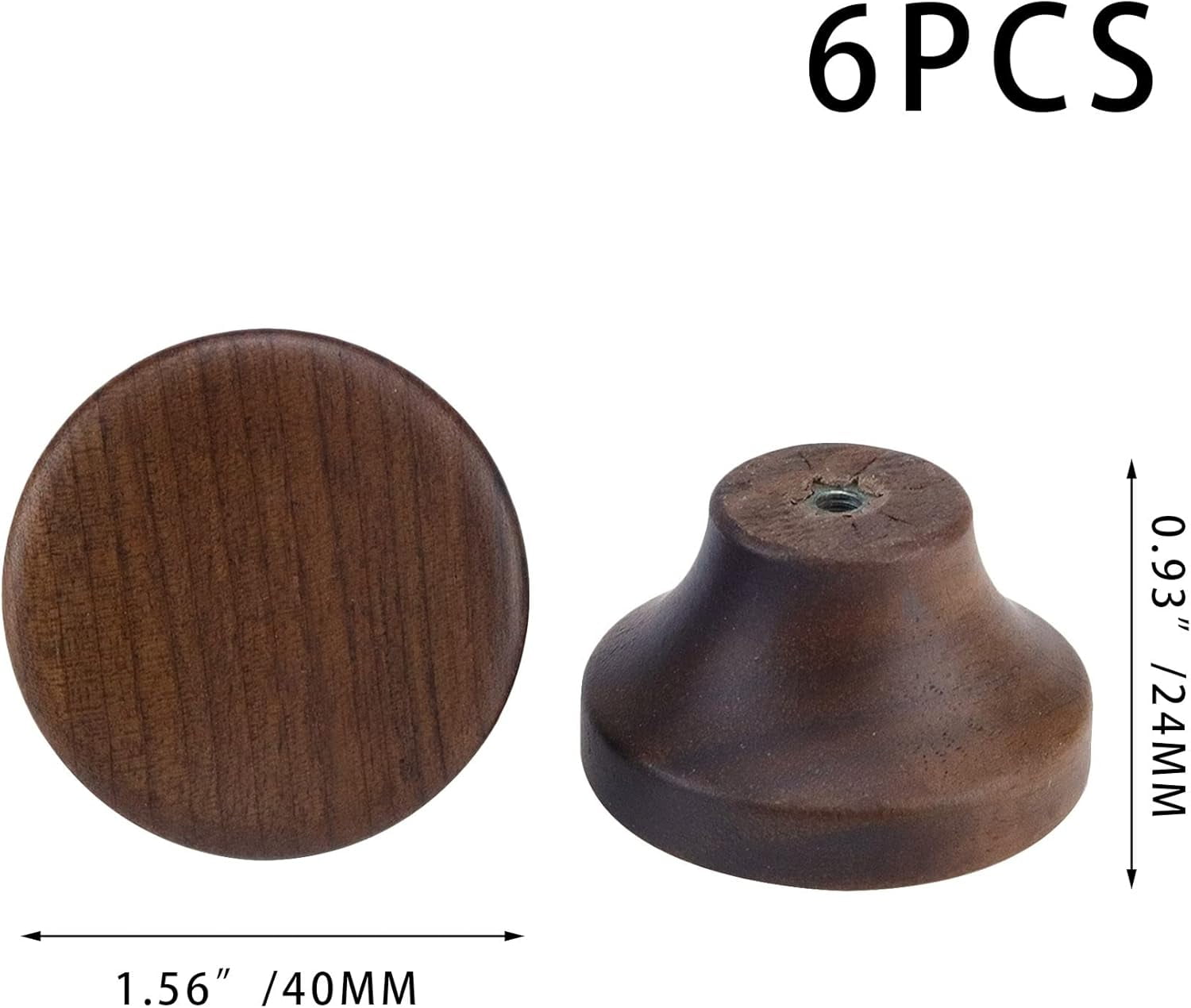 ABCISI 6PCS Round Wooden Single Hole Drawer Handles with 6 Screws, 1.56" Cabinet Knobs 1 Hole Hardware Handles Decorative Furniture Knobs for Dresser Wardrobes (Walnut)