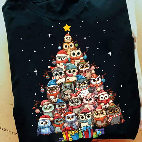 Lotusprinthandmade Merry Christmas Cute Owl Black Classic Unisex T-Shirt 100% Cotton S-5XL (S), Festive Owl-Themed Holiday T-Shirt, Cozy Winter Apparel With Owl Design