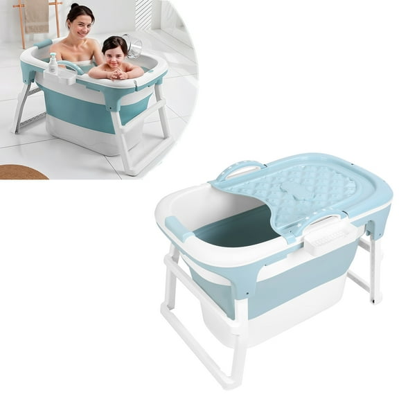 Trendix Foldable Bathtub with Thermal Cover, 103cm/40.6 Inch Portable Soaking Tub for Adults with Massage Roller, Drain Pipe, Ergonomic Seat, Blue