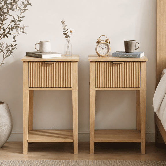 EcoNovi 2 Pack Natural Oak Nightstand, Fluted Drawer Bedside Table with Shelf, Slim Storage Cabinet