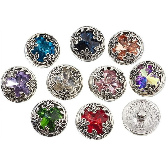 1Set Alloy Snap Button with Glass Jewelry Buttons Antique Silver Flat Round Mixed Color 20x11mm 10pcs/set