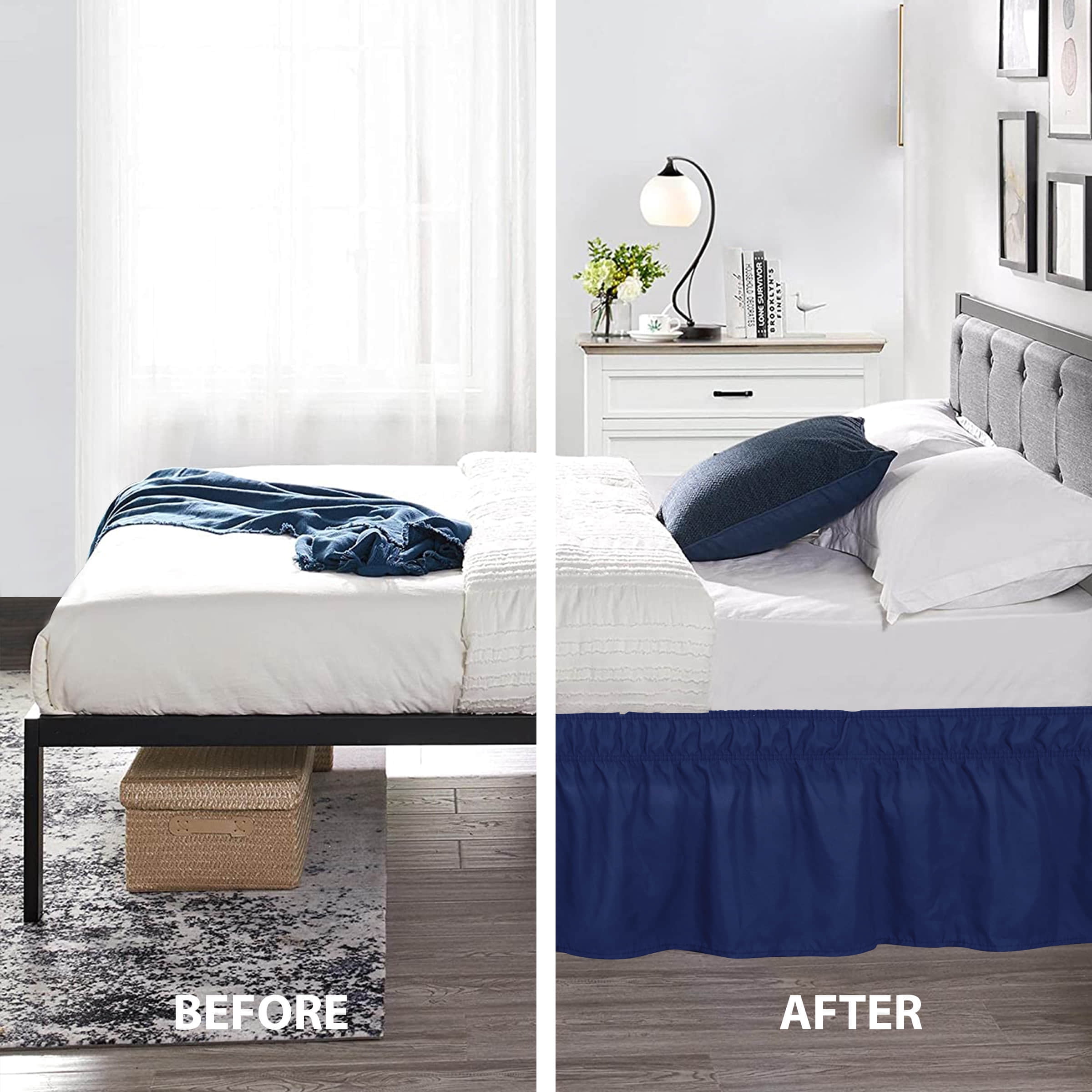 Subrtex Bed Skirt Wrap-Around Dust Ruffle Elastic 16 Inch Bed Cover, King, Navy